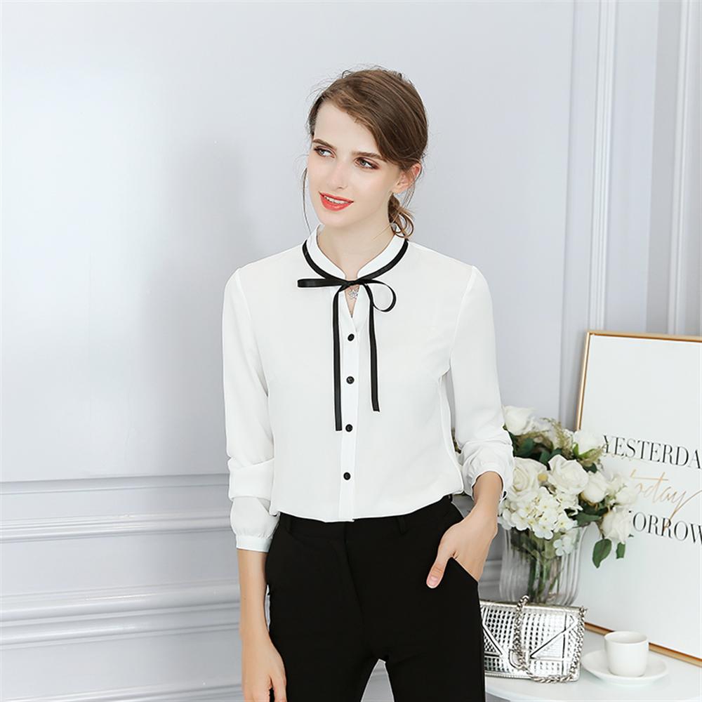 New Summer Autumn Tops Office Ladies Blouse Fashion Long Sleeve Bow Slim White Shirt Female Cute Bodycon Work Blouses