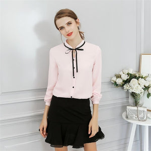 New Summer Autumn Tops Office Ladies Blouse Fashion Long Sleeve Bow Slim White Shirt Female Cute Bodycon Work Blouses