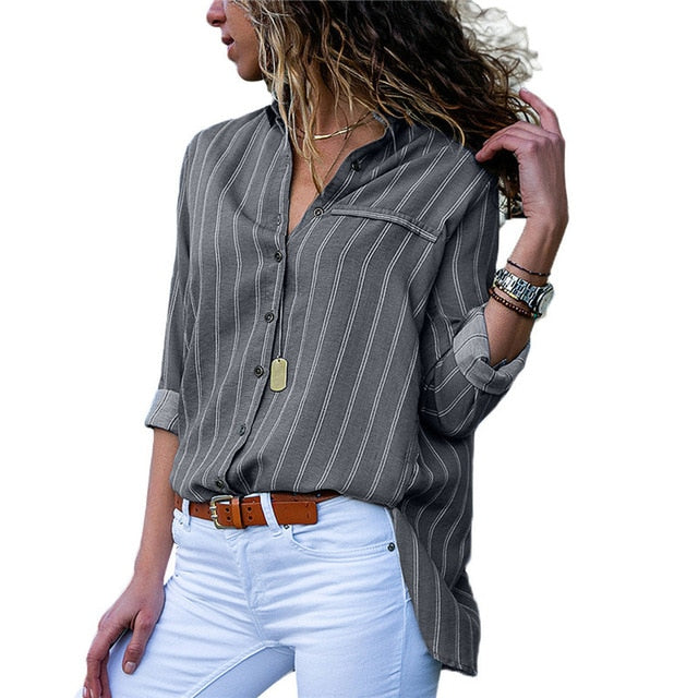 Women Blouses Chic Striped Print Office Shirt 2019 Fashion Long Sleeve Chiffon Blouse Casual Ladies Plus Size Female Shirts