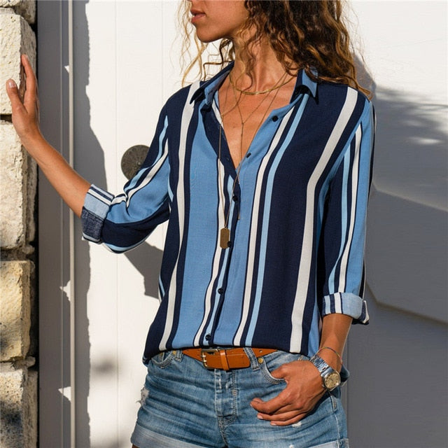 Women Blouses Chic Striped Print Office Shirt 2019 Fashion Long Sleeve Chiffon Blouse Casual Ladies Plus Size Female Shirts