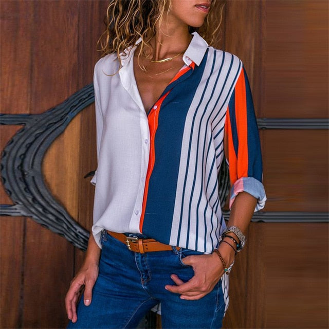 Women Blouses Chic Striped Print Office Shirt 2019 Fashion Long Sleeve Chiffon Blouse Casual Ladies Plus Size Female Shirts