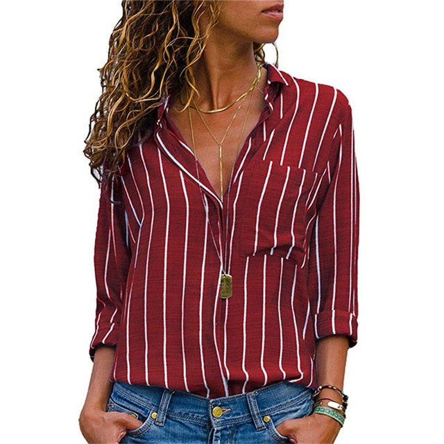 Women Blouses Chic Striped Print Office Shirt 2019 Fashion Long Sleeve Chiffon Blouse Casual Ladies Plus Size Female Shirts