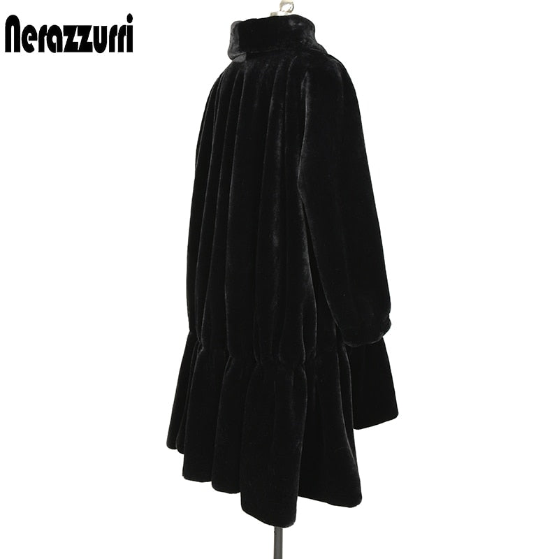 Nerazzurri vintage black faux fur coat women autumn winter fluffy big size 5xl 6xl long loose oversized korean fashion clothing