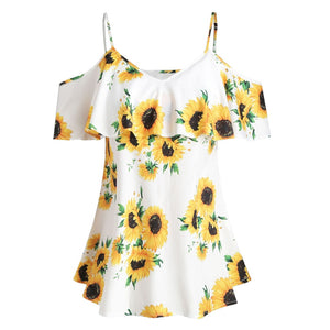 CHAMSGEND Plus Size Women Blouse 2019 Fashion Sunflower Printed Short Sleeve Ruffles Blouse Casual Cold Shouder Tops May23