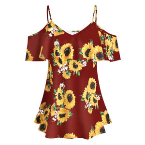 CHAMSGEND Plus Size Women Blouse 2019 Fashion Sunflower Printed Short Sleeve Ruffles Blouse Casual Cold Shouder Tops May23