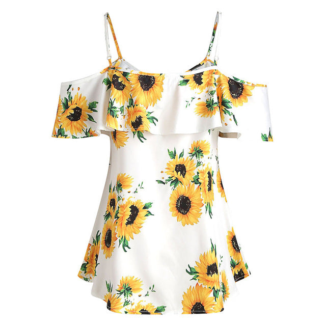 CHAMSGEND Plus Size Women Blouse 2019 Fashion Sunflower Printed Short Sleeve Ruffles Blouse Casual Cold Shouder Tops May23