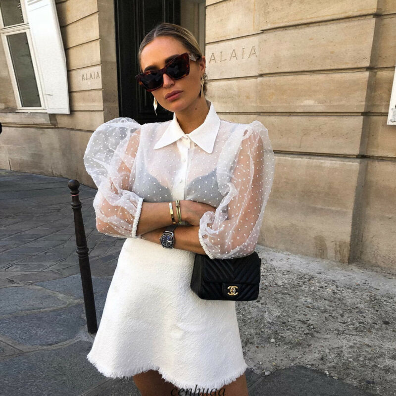 Women Mesh Sheer Blouse See-through Long Sleeve Top Shirt Blouse Fashion Pearl Button Transparent White Shirt Female Blusas