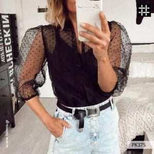 Women Mesh Sheer Blouse See-through Long Sleeve Top Shirt Blouse Fashion Pearl Button Transparent White Shirt Female Blusas