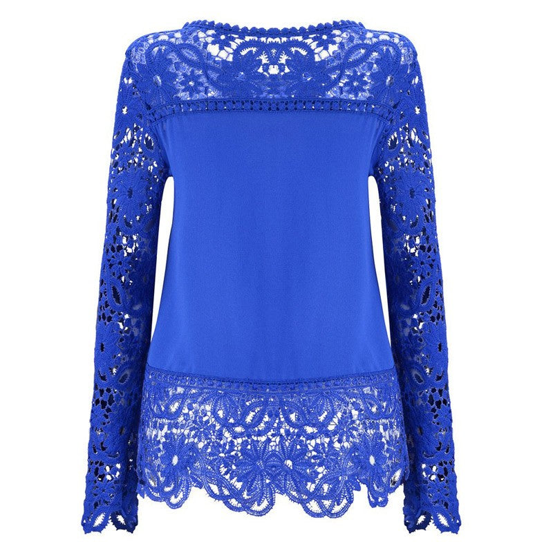 2019 Fashion Women Solid Blouse Elegant Lace Chiffon White Blue Sweet Blouses Summer Clothing Womens Tops And Blouses