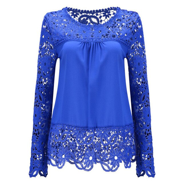 2019 Fashion Women Solid Blouse Elegant Lace Chiffon White Blue Sweet Blouses Summer Clothing Womens Tops And Blouses