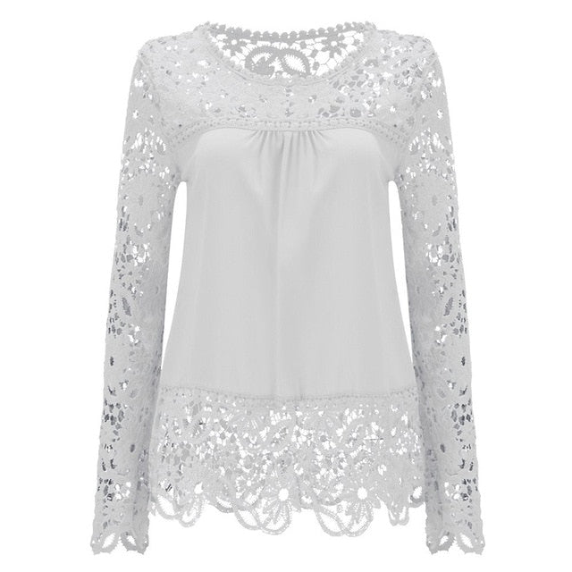 2019 Fashion Women Solid Blouse Elegant Lace Chiffon White Blue Sweet Blouses Summer Clothing Womens Tops And Blouses