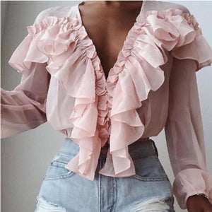 Women Chiffon Ruffle Blouse sweet chiffon blouse frilly V neck long sleeve cute woman fashion casual pink shirt stylish blouses