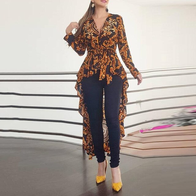 Blouse Women Ethnic Print Irregular Long Shirt Spring Autumn 2019 Ladies Casual Office Tops Workwear Female Slim Shirts D30