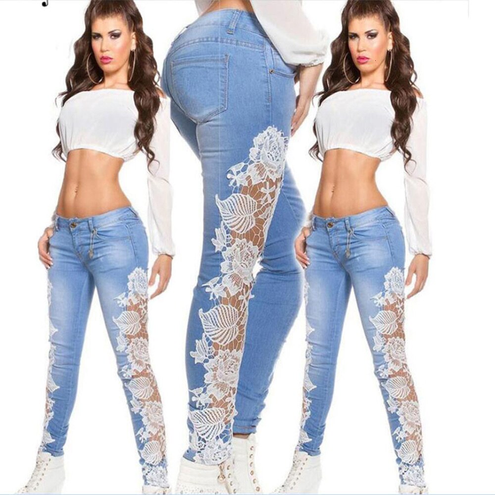 Joineles White Lace Patchwork Women Jeans Hot Sexy Denim Trousers