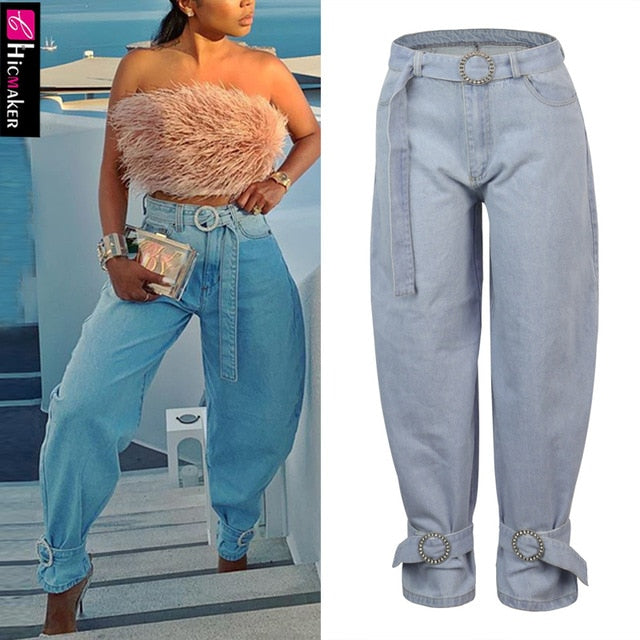 Women Plus Size High Waist Wrap Belt Denim Pants with Diamond