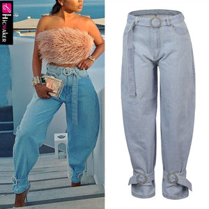 Women Plus Size High Waist Wrap Belt Denim Pants with Diamond