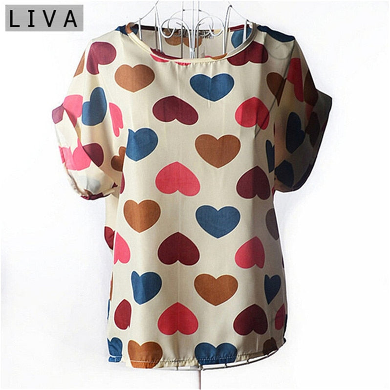 Fashion Thin Women Shirt S-XXL Summer Style Loose Colorful Print Chiffon Blouse Casual Tops Short Sleeve blusa feminina stripe