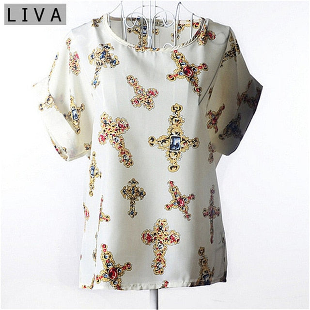 Fashion Thin Women Shirt S-XXL Summer Style Loose Colorful Print Chiffon Blouse Casual Tops Short Sleeve blusa feminina stripe