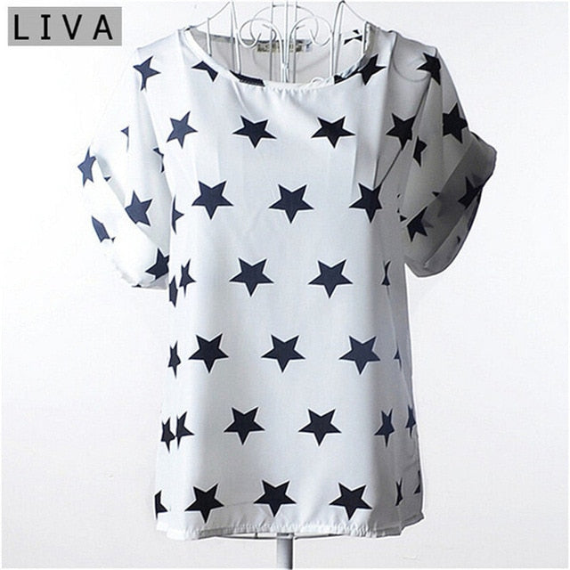 Fashion Thin Women Shirt S-XXL Summer Style Loose Colorful Print Chiffon Blouse Casual Tops Short Sleeve blusa feminina stripe