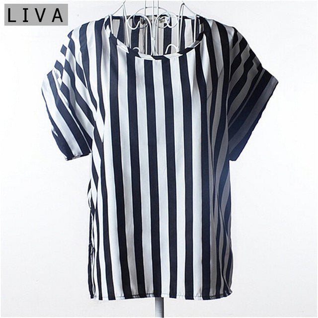 Fashion Thin Women Shirt S-XXL Summer Style Loose Colorful Print Chiffon Blouse Casual Tops Short Sleeve blusa feminina stripe