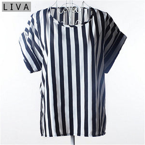 Fashion Thin Women Shirt S-XXL Summer Style Loose Colorful Print Chiffon Blouse Casual Tops Short Sleeve blusa feminina stripe